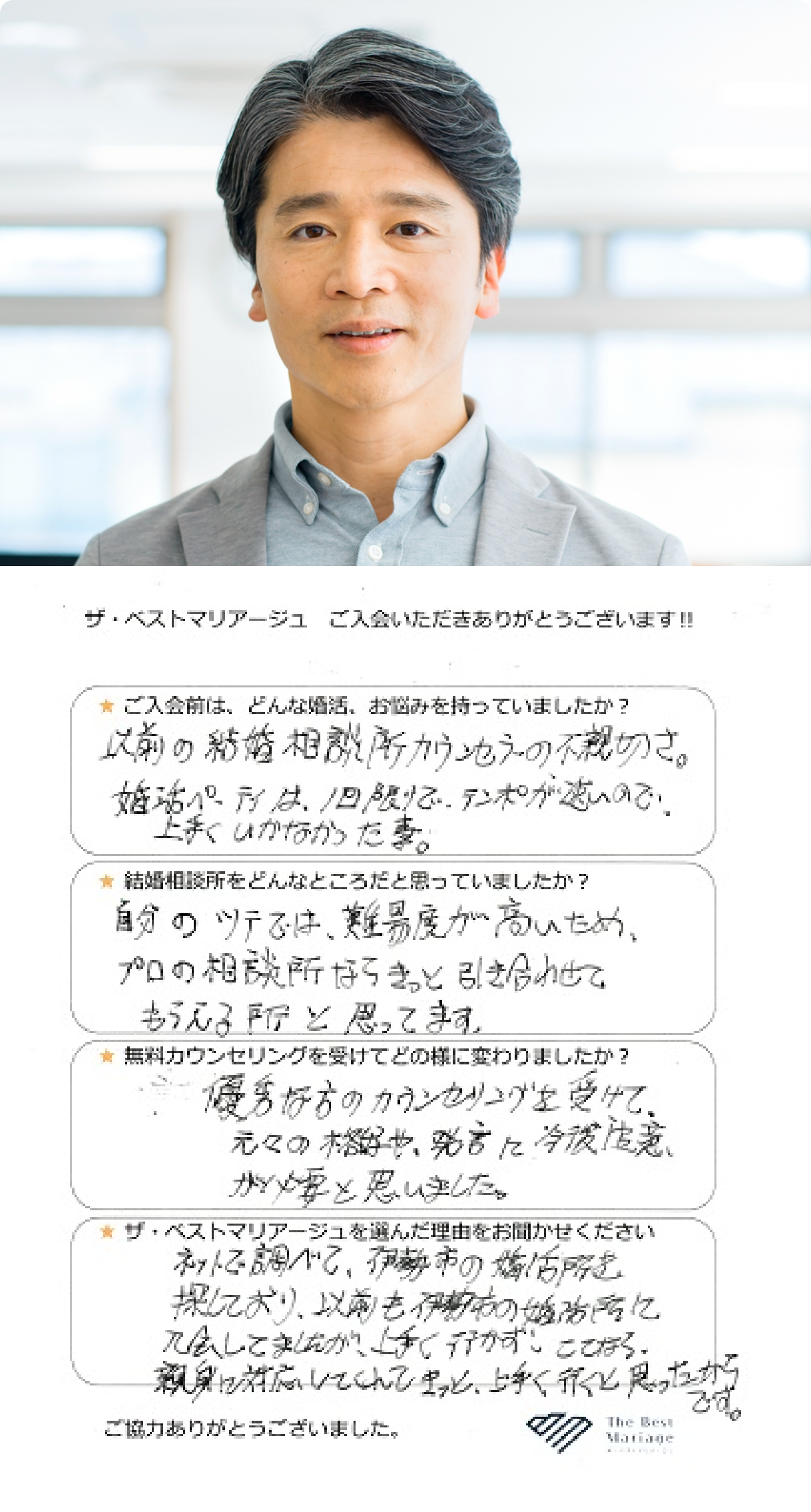 ご入会前は、どんな婚活、お悩みを持っていましたか？以前の結婚相談所カウンセラーの不親切さ。婚活パーティーは一回限りでテンポが速いので、上手くいかなかった。結婚相談所をどんなところだと思っていましたか？自分のツテでは、難易度が高いため、プロの相談所ならきっと引き合わせてもらえるなと思っています。無料カウンセリングを受けてどの様に変わりましたか？優秀な方のカウンセリングを受けて元々の格好や発言に今後注意が必要と思いました。ザ・ベストマリアージュを選んだ理由をお聞かせください。ネットで調べて伊勢市の婚活所を探しており、以前も伊勢市の婚活所に入会してましたが上手く行かず、ここなら親身に対応してくれてきっと上手く行くと思ったからです。